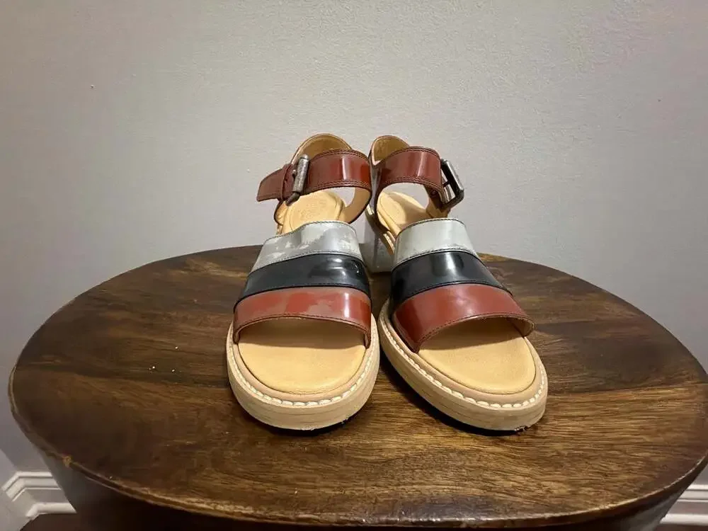 MM6 Maison Margiela Tri-Color Patent Leather Block Heel Sandals Size 38